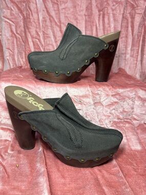 Flogg Diana Gray Suede Studded Wooden-Heel Clogs